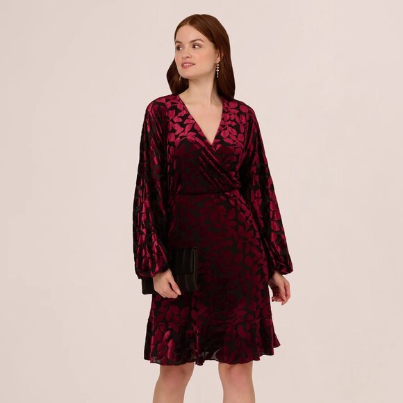 NWT$150 Adrianna Papell Velvet Burnout Faux Wrap Dress Burgundy Whimsigoth Sz 10 - Picture 1 of 6